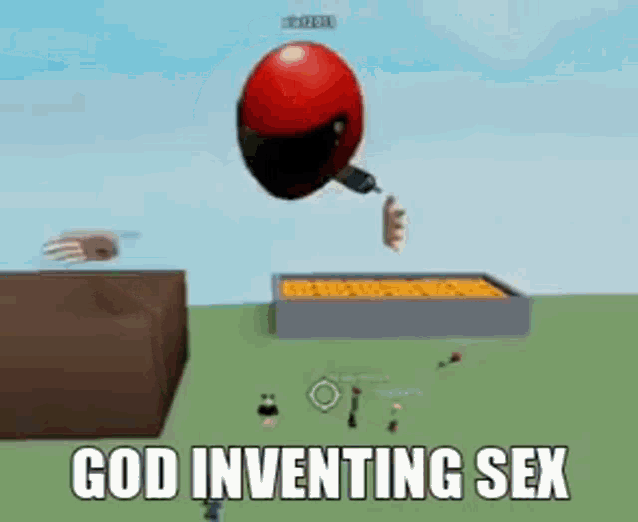 a red hot air balloon is flying in the air with the words `` god inventing sex '' written below it .