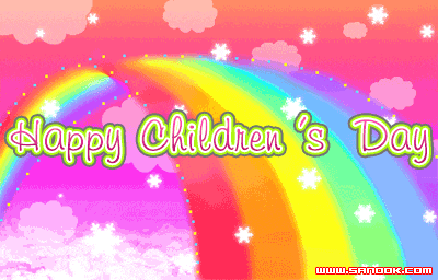 a happy children 's day greeting card with a rainbow in the background