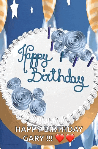 a birthday cake with blue frosting and candles says happy birthday gary