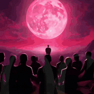 a group of people are standing in front of a large pink moon .