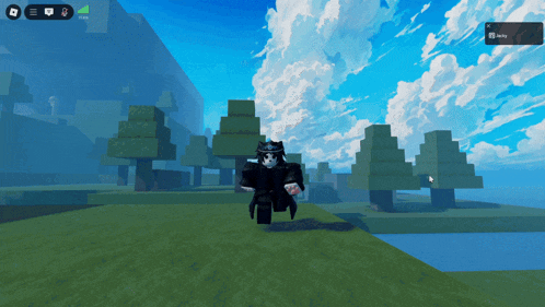 a screenshot of a video game shows a person standing in a field with trees in the background