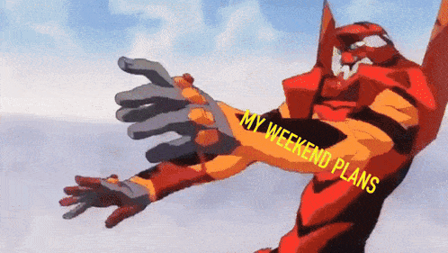 a cartoon character says my weekend plans while flying through the air