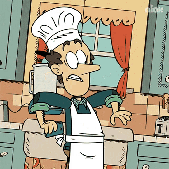 a cartoon of a man in a chef 's hat standing in a kitchen