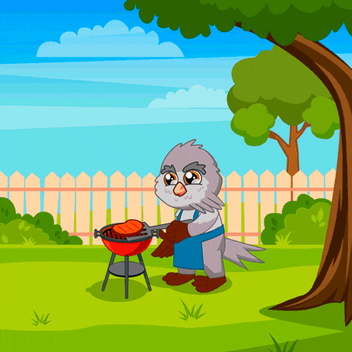 a cartoon owl is grilling a piece of meat on a grill