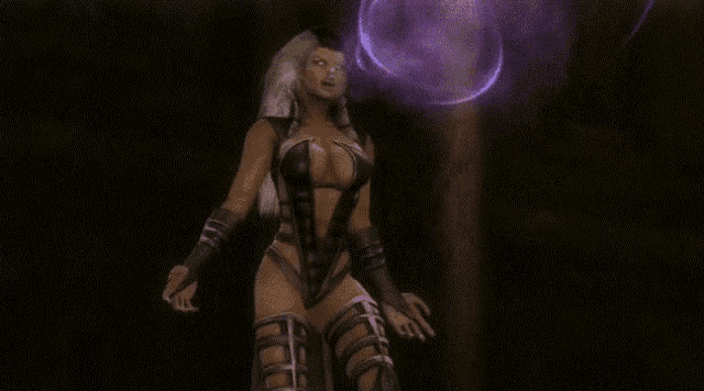 a woman in a very revealing outfit is surrounded by purple bubbles