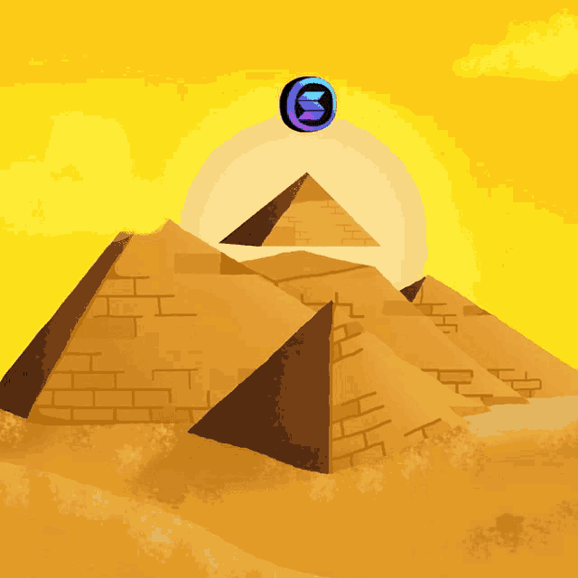 an illustration of pyramids with a coin floating in the air