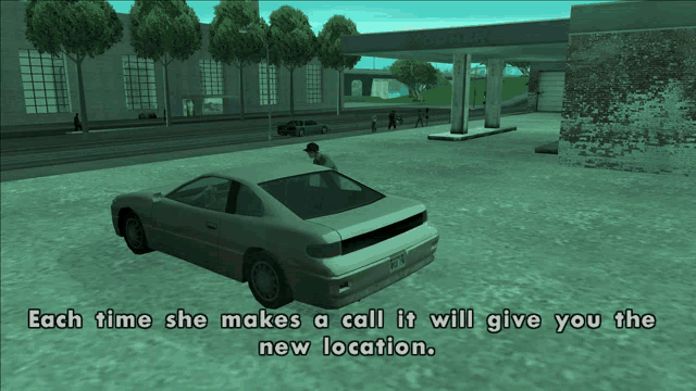a car is parked in front of a gas station with the words each time she makes a call it will give you the new location below it