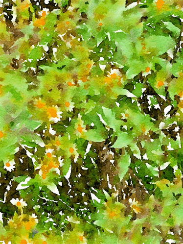 a painting of green leaves and yellow flowers on a white background