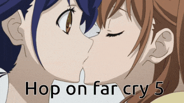 a couple of anime girls kissing with the words hop on far cry 5 above them