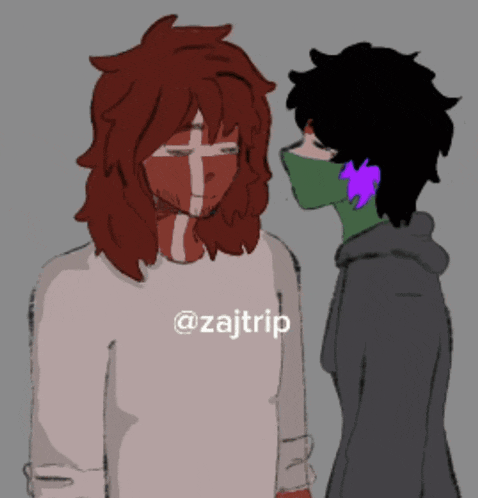 a drawing of a man wearing a mask and a woman wearing a hoodie with the name zajtrip on it