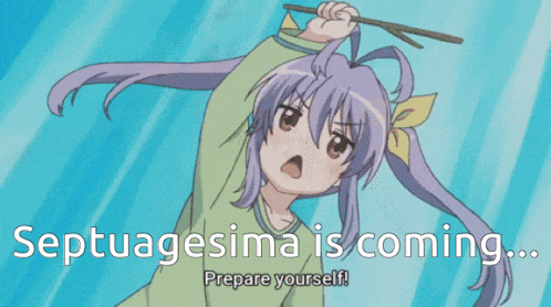 a girl with purple hair is holding a stick and the words septuagesima is coming prepare yourself