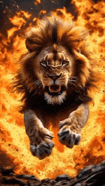 a lion with a long mane is jumping through the air in front of a fire .