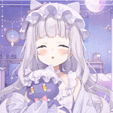 a girl with white hair holding a stuffed animal