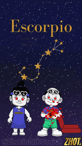 a couple of cartoon characters standing next to each other with a constellation of scorpio behind them