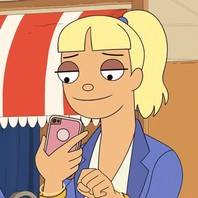 a cartoon of a woman holding a pink phone