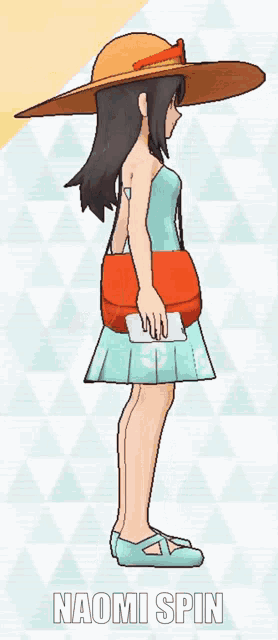 a cartoon girl wearing a hat and a blue dress with the name naomi spin below her