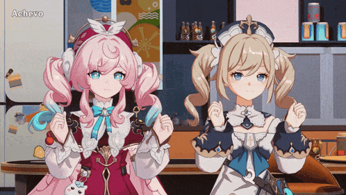 two anime girls are standing next to each other and the word achieve is on the bottom