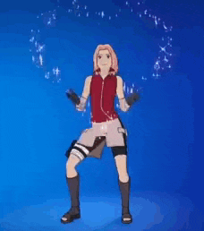 a cartoon character is standing in front of a blue background and surrounded by sparks .