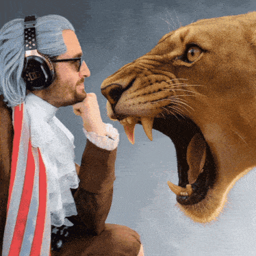 a man wearing a wig and headphones looks at a lion with its mouth open