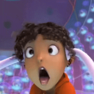 a close up of a cartoon character 's face with a surprised look on his face