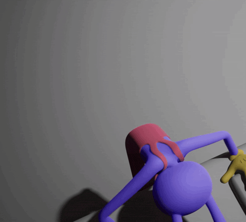 a purple and yellow cartoon character with a big smile