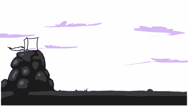 a drawing of a rock with a purple sky behind