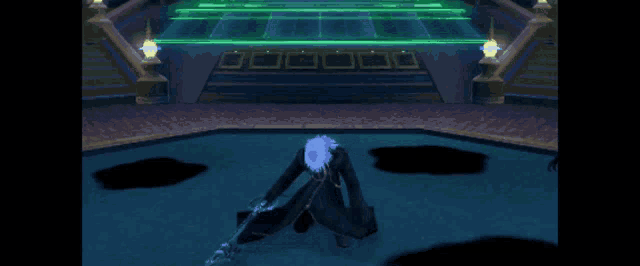 a video game character is standing in a dark room with a green light behind him