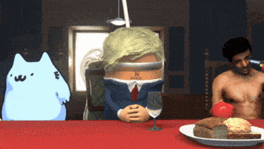 a cartoon of donald trump sits at a table with a glass of wine and a plate of food