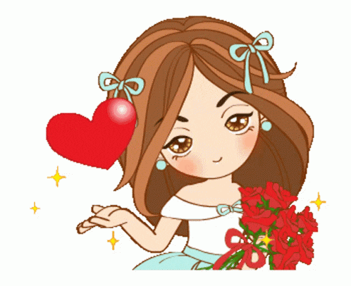 a cartoon girl is holding a bouquet of red roses and a red heart in her hand