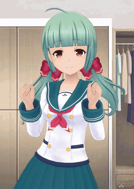 a girl with green hair and red bows in her hair