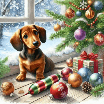 a dachshund sits next to a christmas tree