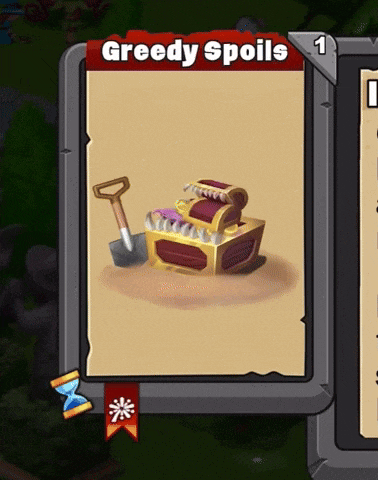 a treasure chest with a shovel and the words greedy spoils above it