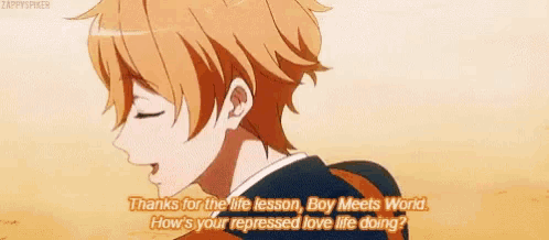 a boy with blonde hair and pink eyes is talking to another boy in a cartoon .
