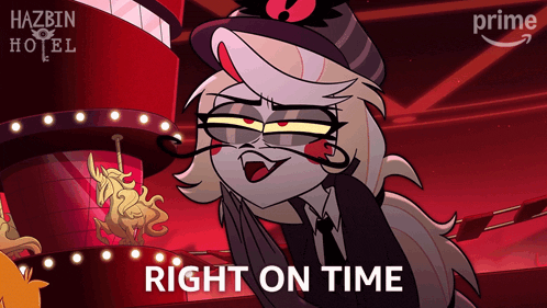 a cartoon character says right on time in front of a red building