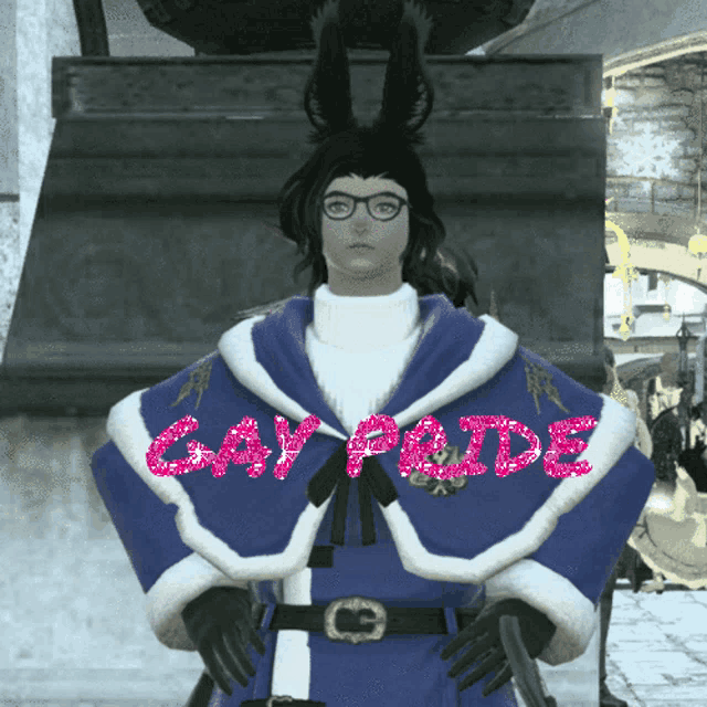 a man wearing glasses and a blue cape with gay pride written on it
