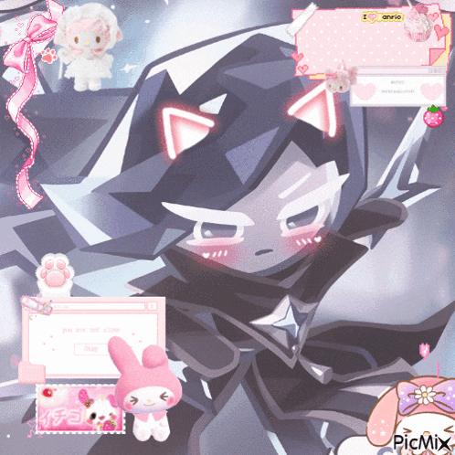 a picture of a girl with cat ears is surrounded by a bunch of stuffed animals including my melody