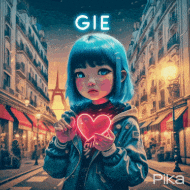 a girl with blue hair is holding a heart with the word gie above her head
