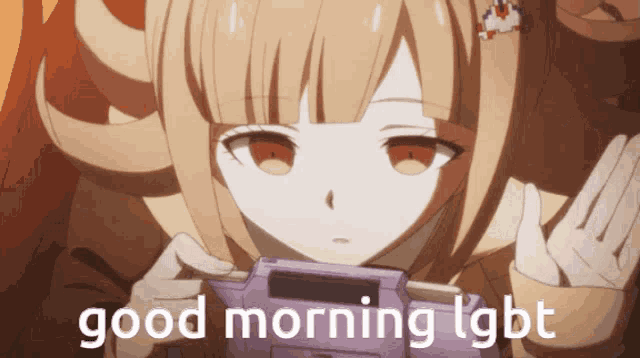 a girl is playing a video game and the words good morning lgbt are below her