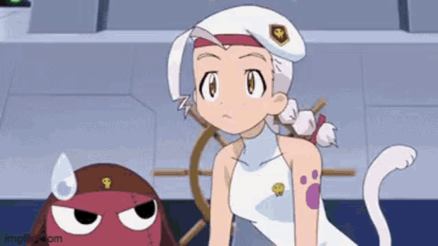 a girl with a tattoo on her arm is standing next to a cat with a skull on its head .