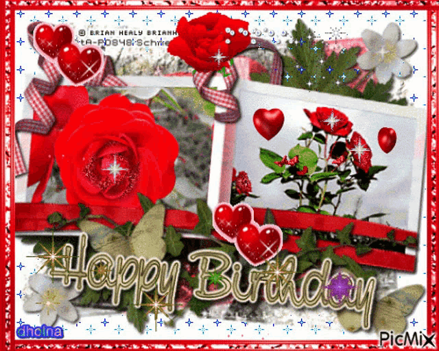 a birthday card with red roses and hearts and the words happy birthday