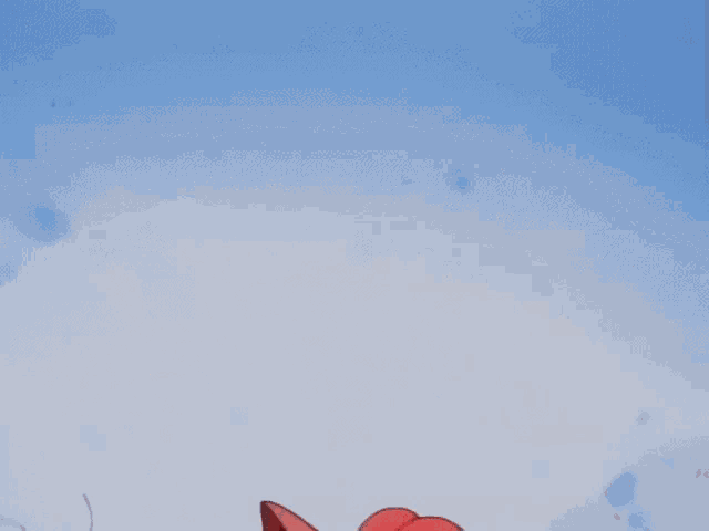 a cartoon fox with a red tail is standing on its hind legs against a blue sky .