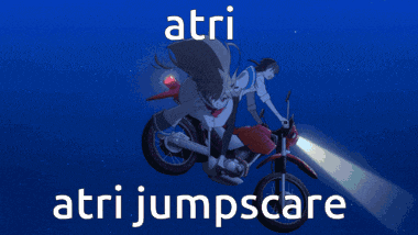a close up of a person 's eye with the words " atri atri jumpscare " above it