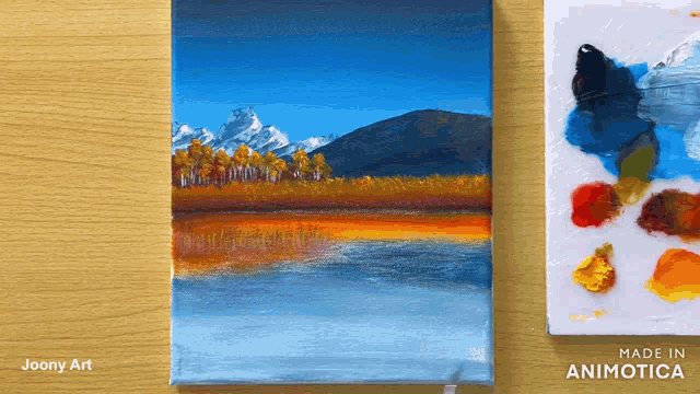 a painting of a lake and mountains is made in animatica