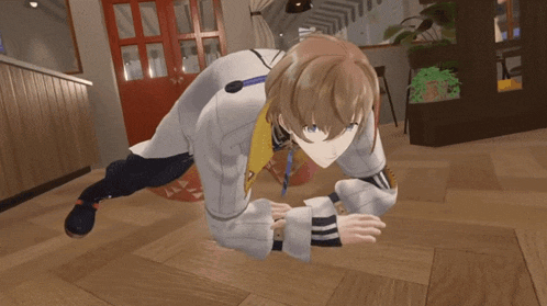 a cartoon character is crawling on the floor