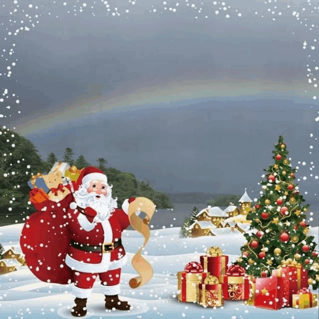 santa claus is holding a list in front of a christmas tree and gifts