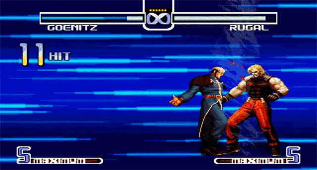 a video game screen shows a fight between rugal and goenitz