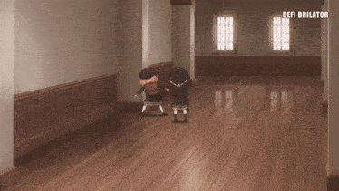 two cartoon characters are standing in a hallway with the words " defi brillator " on the bottom