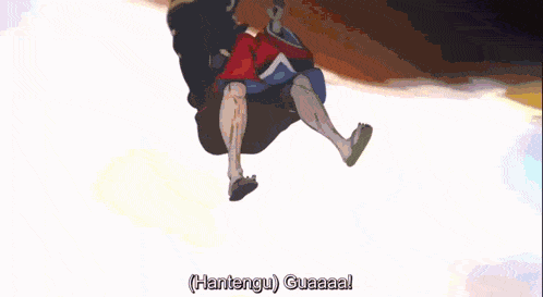 a cartoon character is flying through the air and says " hartegu "