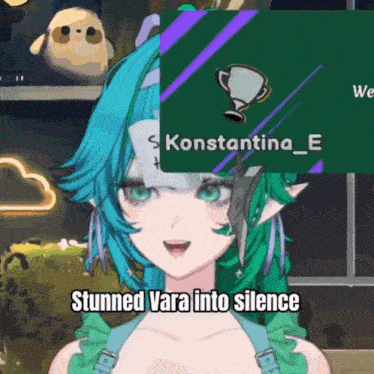 a picture of a girl with green hair and a trophy that says konstantina_e on it