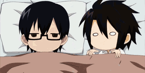 two anime characters are laying in bed and one has glasses